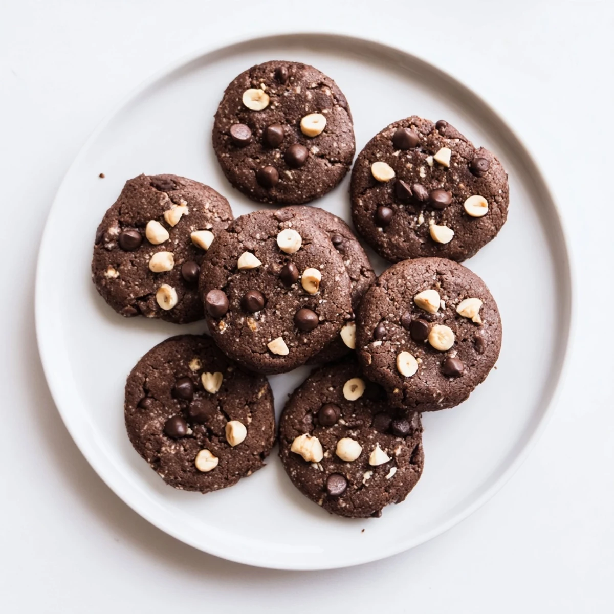 Freshly baked Keto Mocha Hazelnut Cookies with melted chocolate chips and crunchy chopped hazelnuts on a cooling rack.  