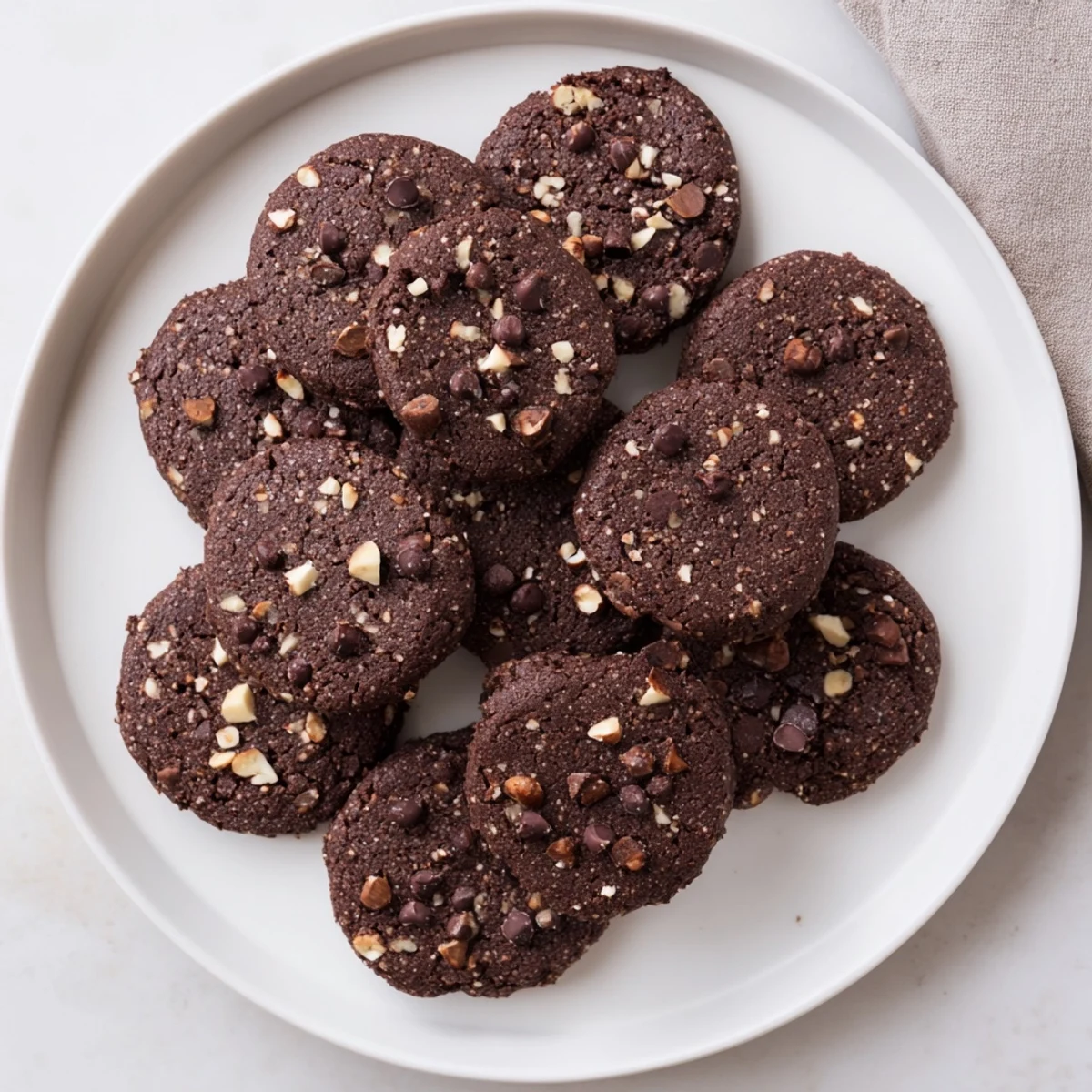 These Keto Mocha Hazelnut Cookies showcase a rich chocolate texture with a hint of coffee flavor on a wooden board.  