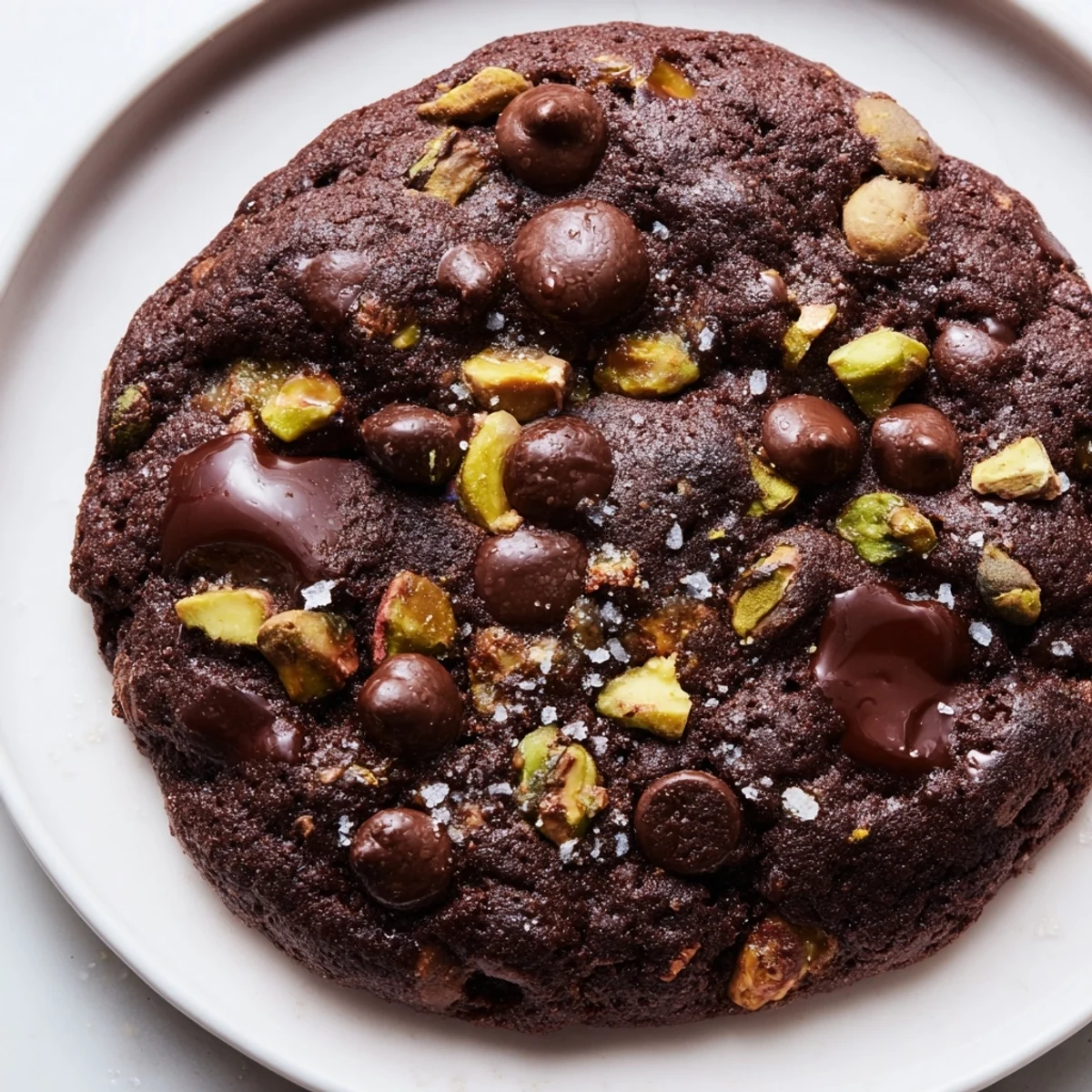 Freshly baked dark chocolate cookies studded with pistachios and chocolate chips on a cooling rack