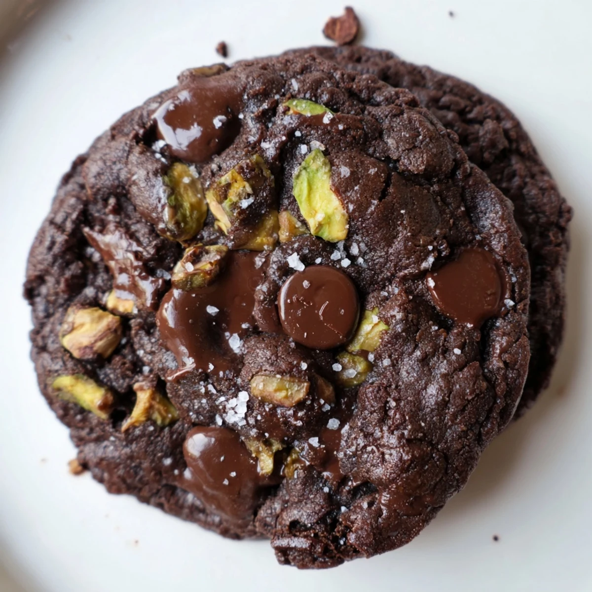 Decadent tray of Dubai chocolate pistachio chocolate chip cookies topped with flaky sea salt sprinkles