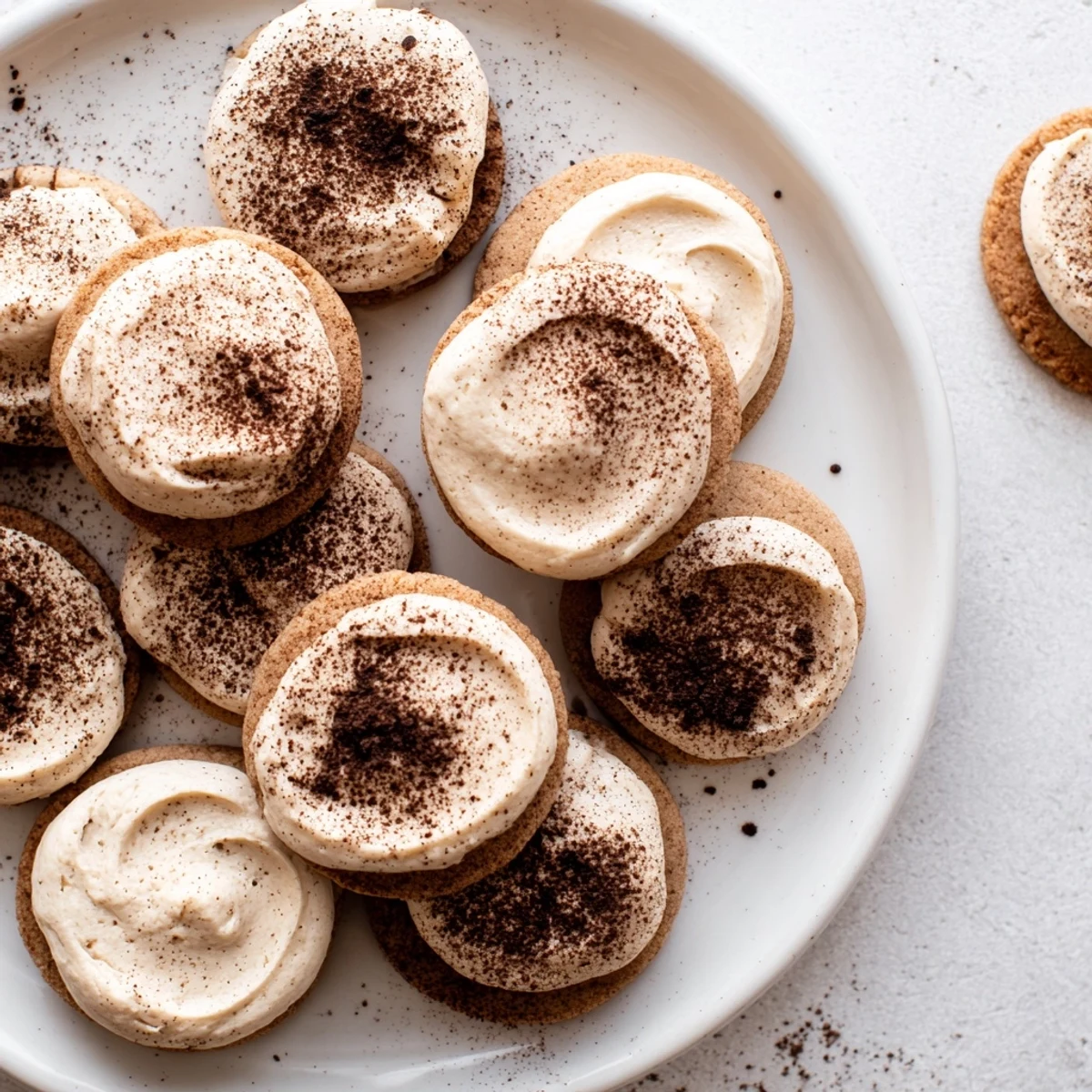 Coffee infused sugar cookies sandwiched with fluffy mascarpone cream and finished with dark chocolate cocoa dusting