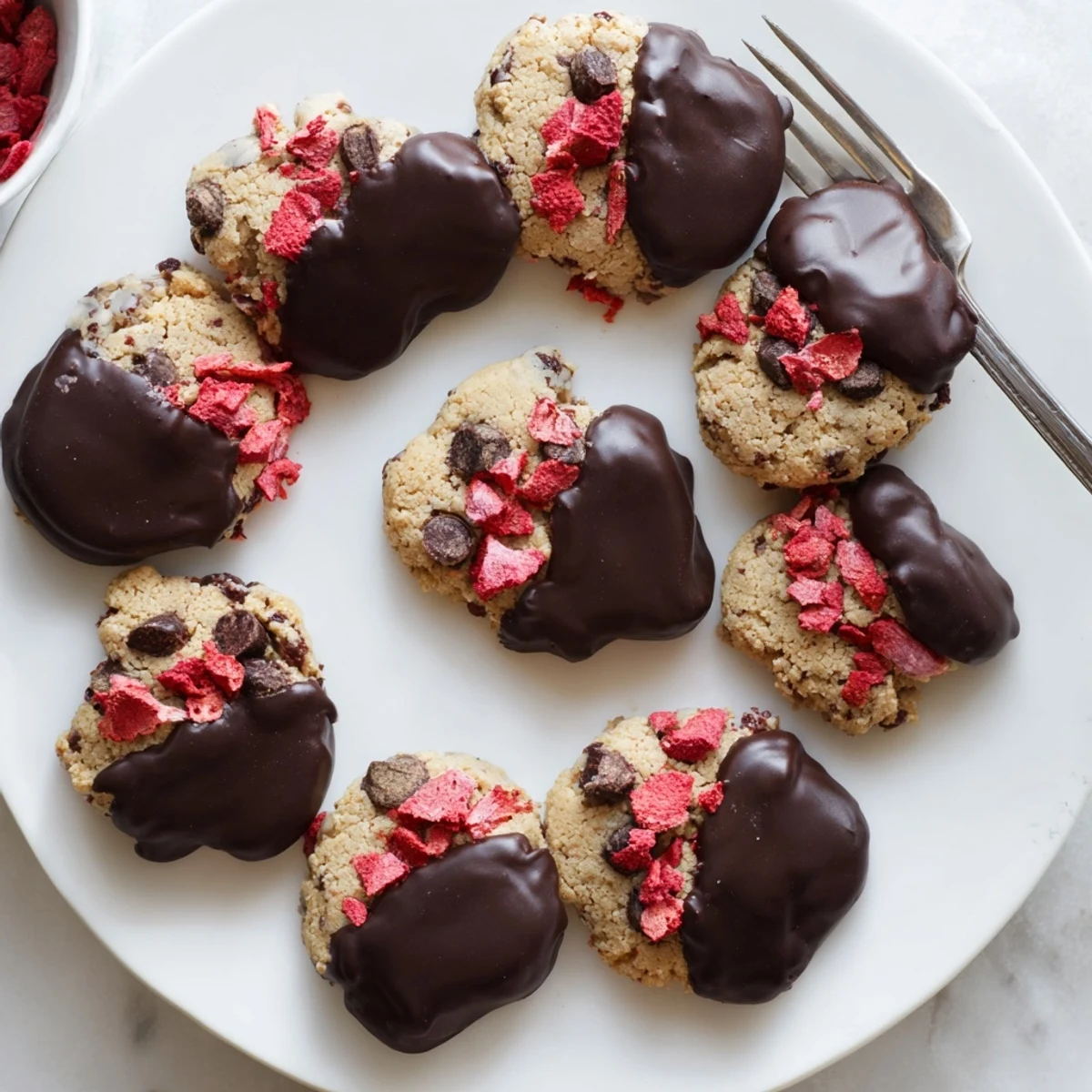Soft keto chocolate covered strawberry cookies topped with melted dark chocolate drizzle