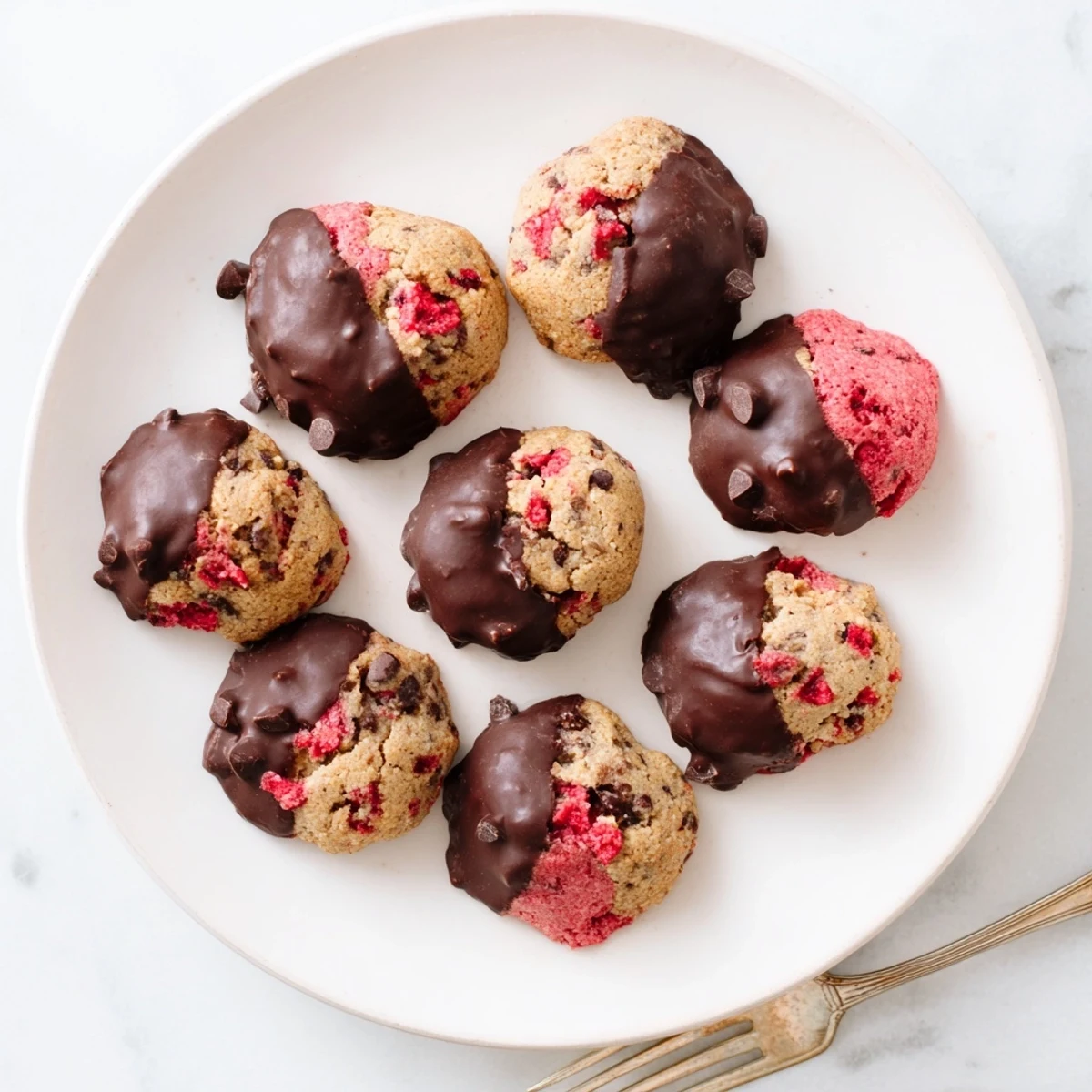 Golden low-carb strawberry chocolate chip cookies arranged on white parchment paper baking sheet
