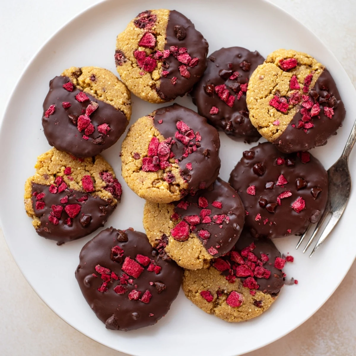Freshly baked keto chocolate covered strawberry cookies half-dipped in rich sugar-free dark chocolate