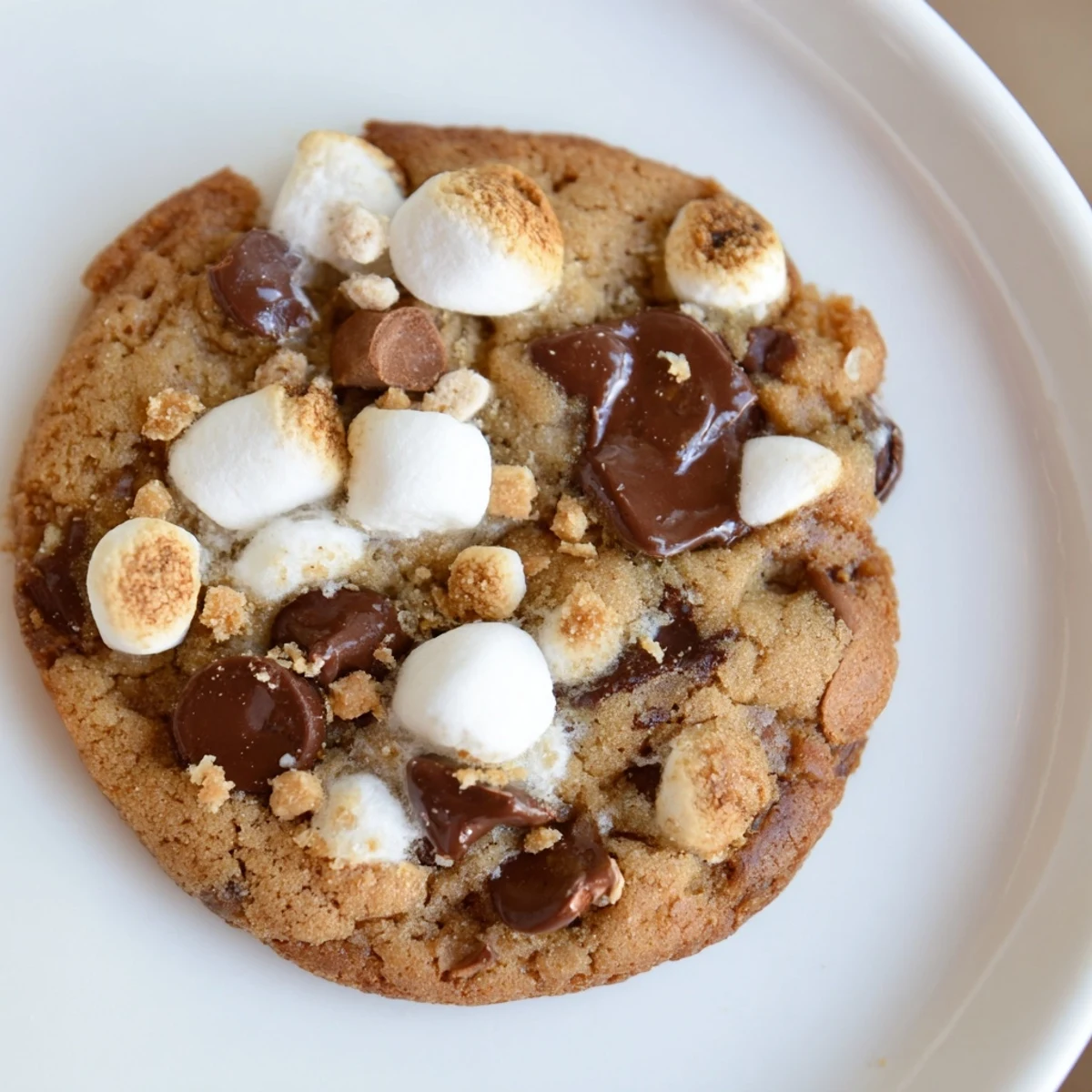 Golden gluten-free s'mores chocolate chip cookies stacked with melted marshmallows and chocolate chunks