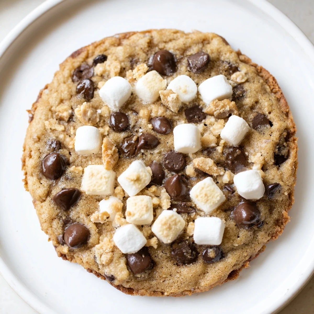 Chewy gluten-free s'mores chocolate chip cookies on a wooden board with graham cracker pieces