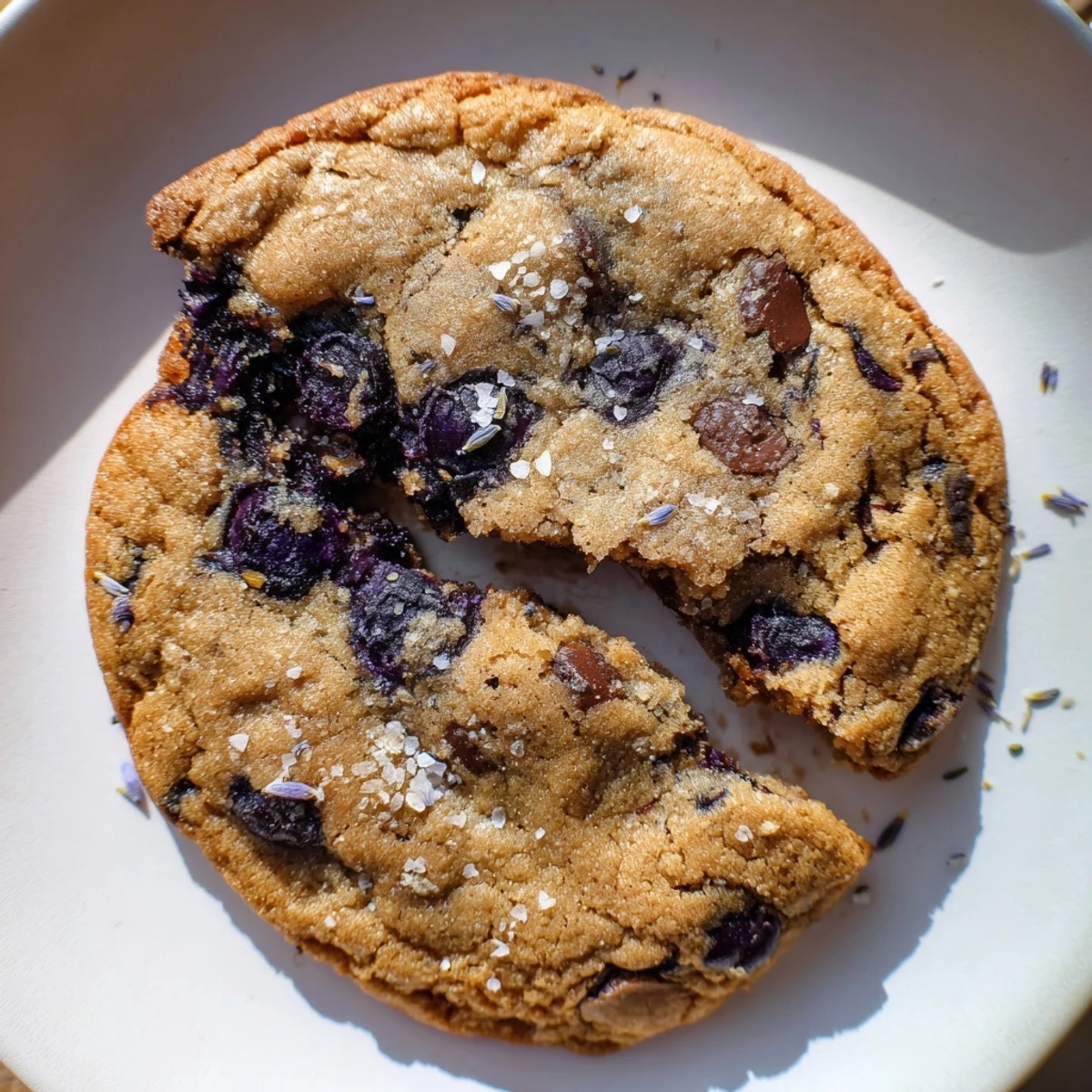 Golden vegan blueberry lavender chocolate chip cookies with melted chocolate pools and purple berry specks