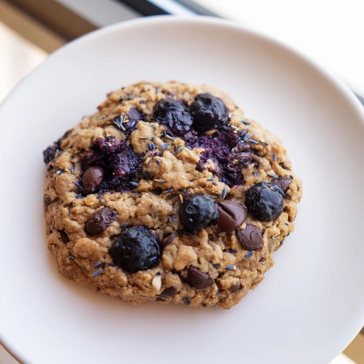Soft baked vegan blueberry lavender chocolate chip cookies cooling on wire rack with oozing chips