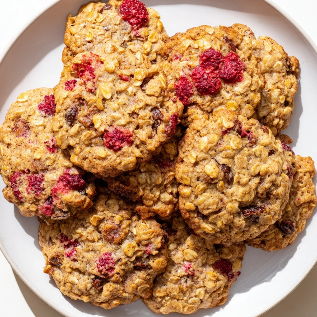 Zesty lemon glazed oatmeal raisin cookies bursting with fresh juicy raspberries and hearty rolled oats