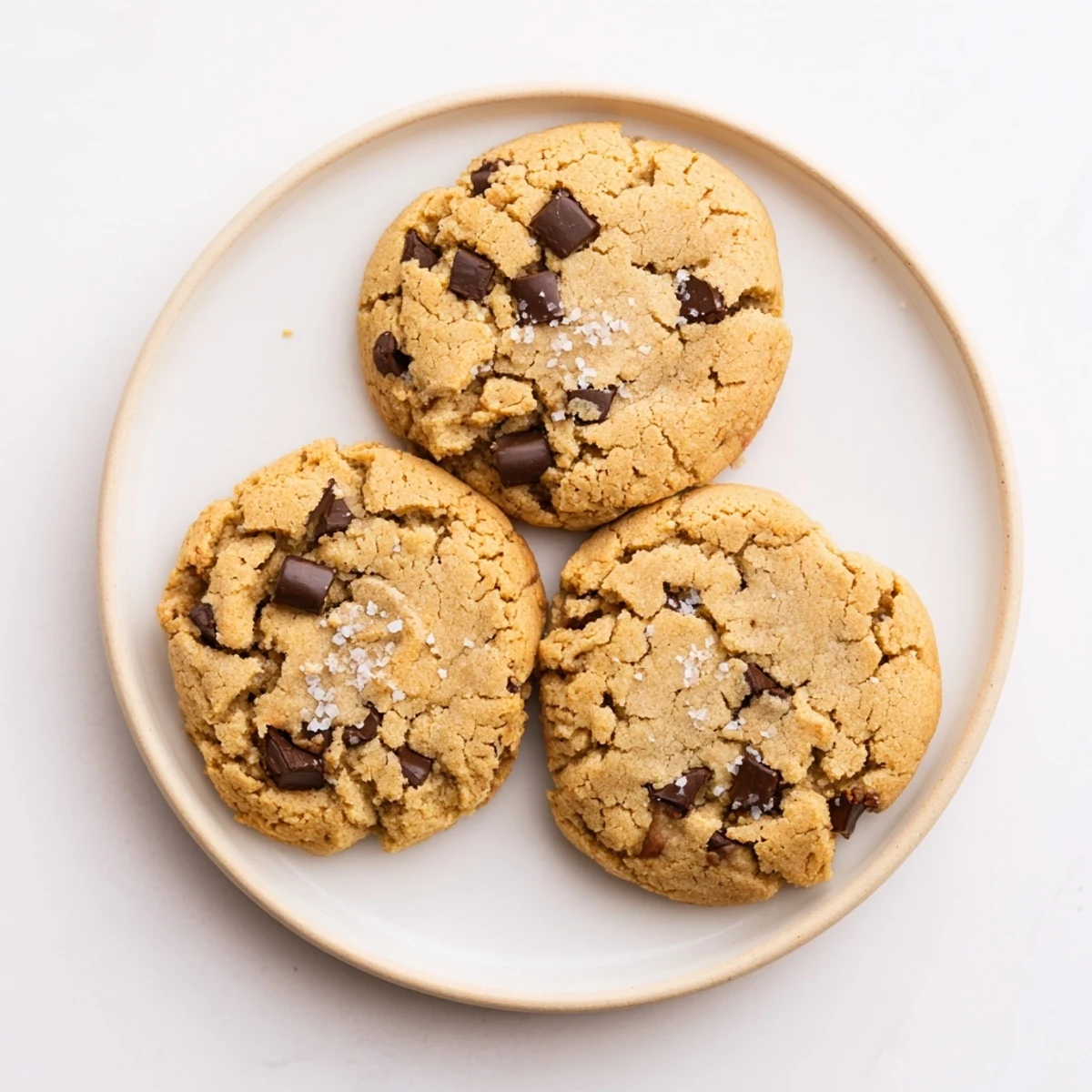 Golden brown salted honey butter chocolate chip cookies stacked on a white plate, topped with flaky sea salt crystals