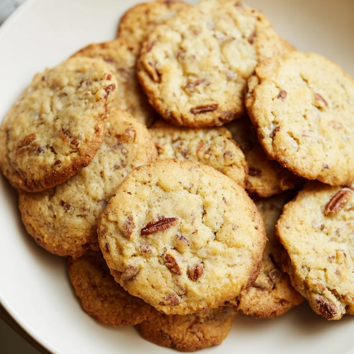 Golden brown keto brown butter pecan cookies piled on a rustic wooden board, garnished with toasted pecan pieces