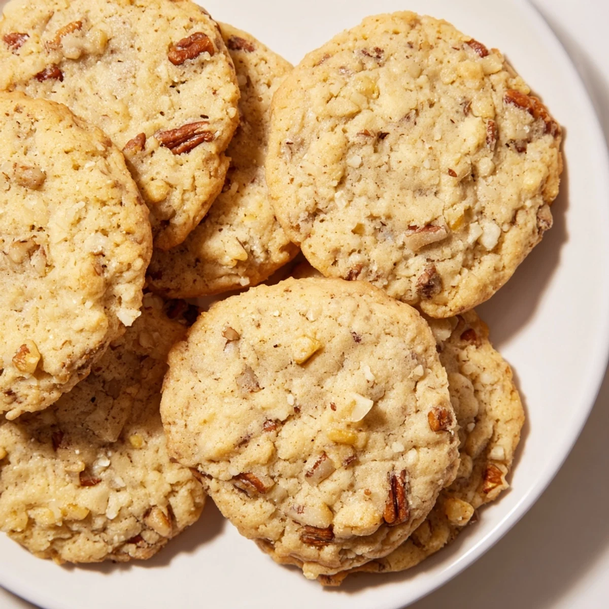 Plate of freshly baked keto brown butter pecan cookies with golden edges and chopped pecans throughout the dough