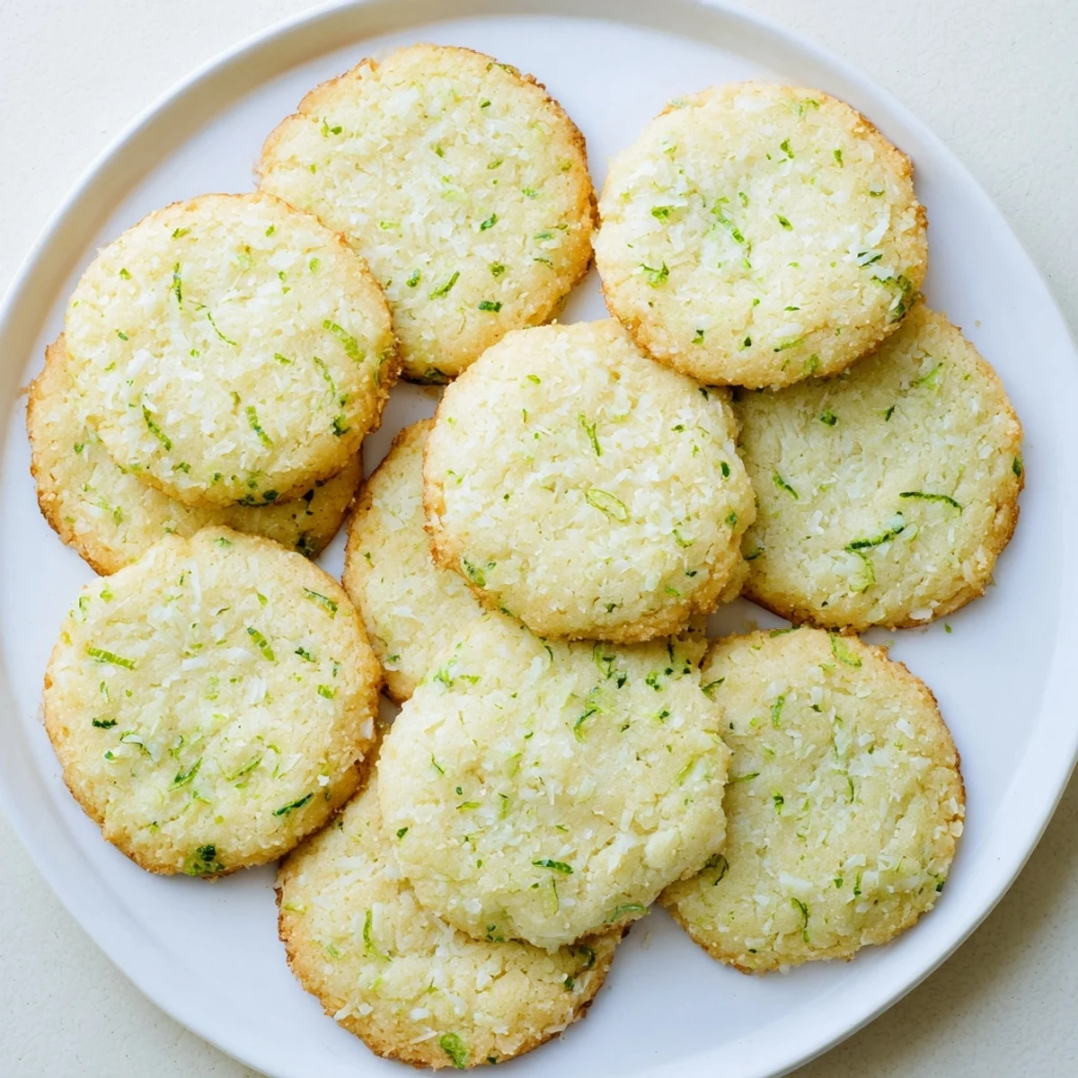 Stack of tender gluten-free coconut lime sugar cookies rolled in sparkling white sugar on wooden board