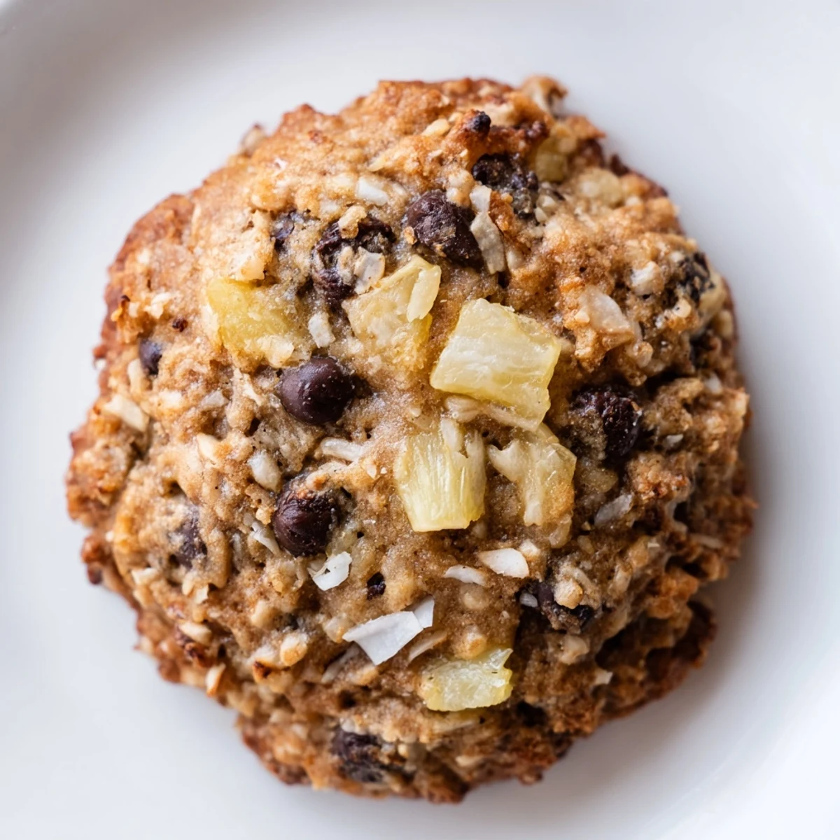 Golden vegan pineapple coconut chocolate chip cookies on a wire cooling rack with melty chocolate chips