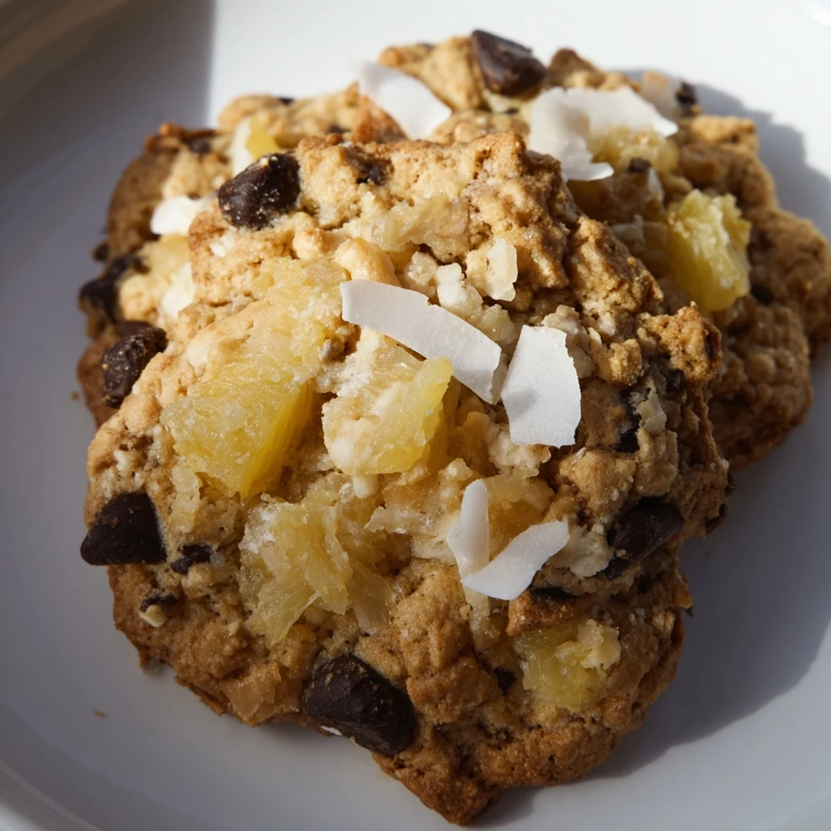 Chewy tropical cookies studded with dried pineapple flakes and shredded coconut baked to golden perfection
