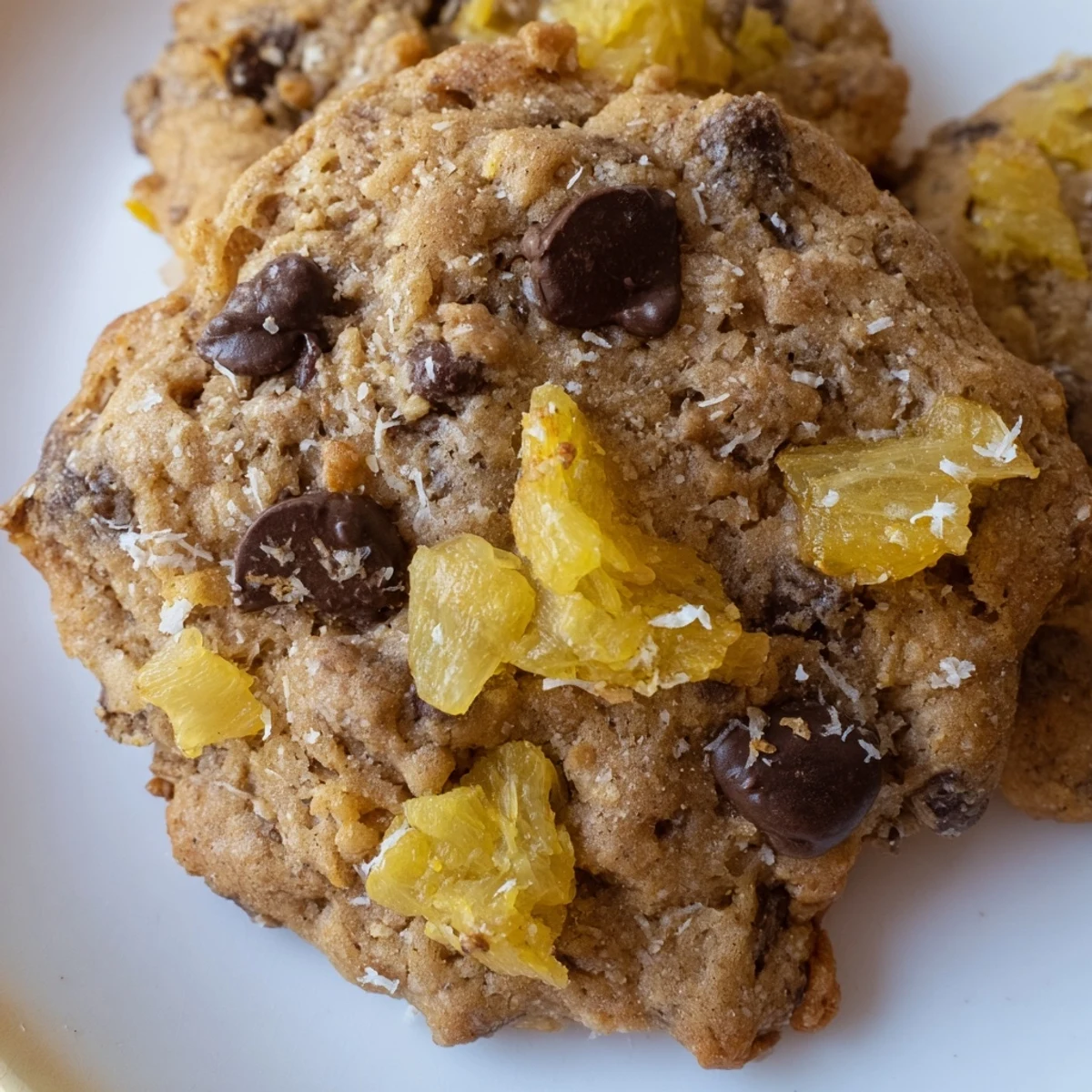 Stack of vegan pineapple coconut chocolate chip cookies showing texture with chocolate and fruit add-ins