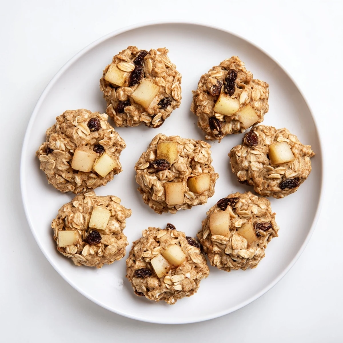Golden brown vegan apple cinnamon oatmeal raisin cookies with visible apple chunks on a wire cooling rack