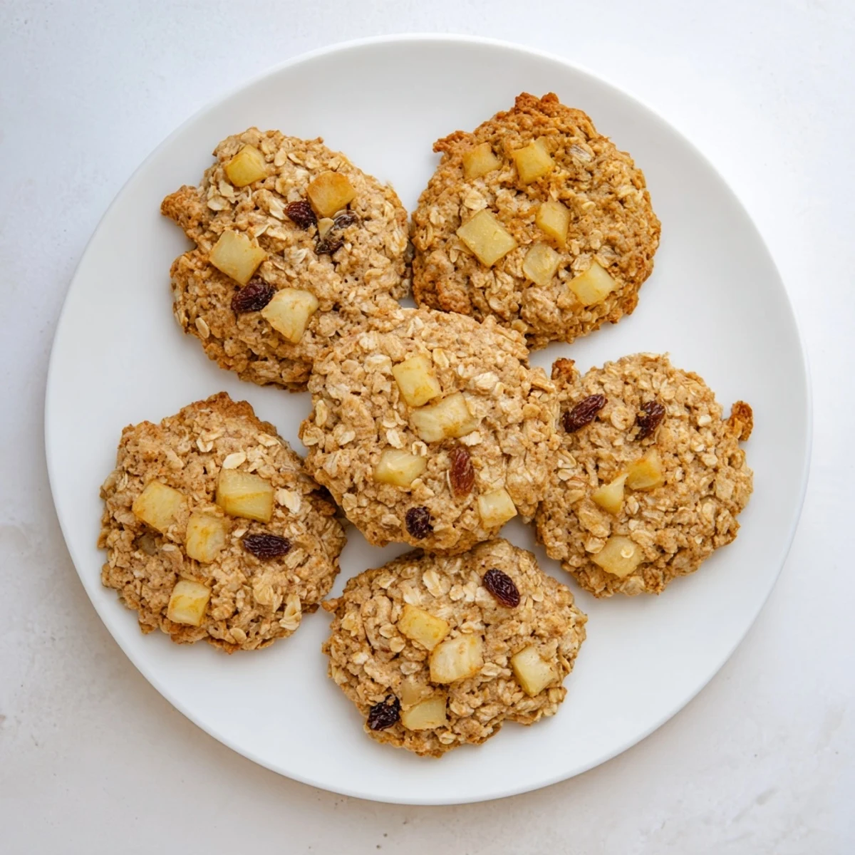 Freshly baked vegan apple cinnamon oatmeal raisin cookies showing tender diced apples and plump raisins throughout