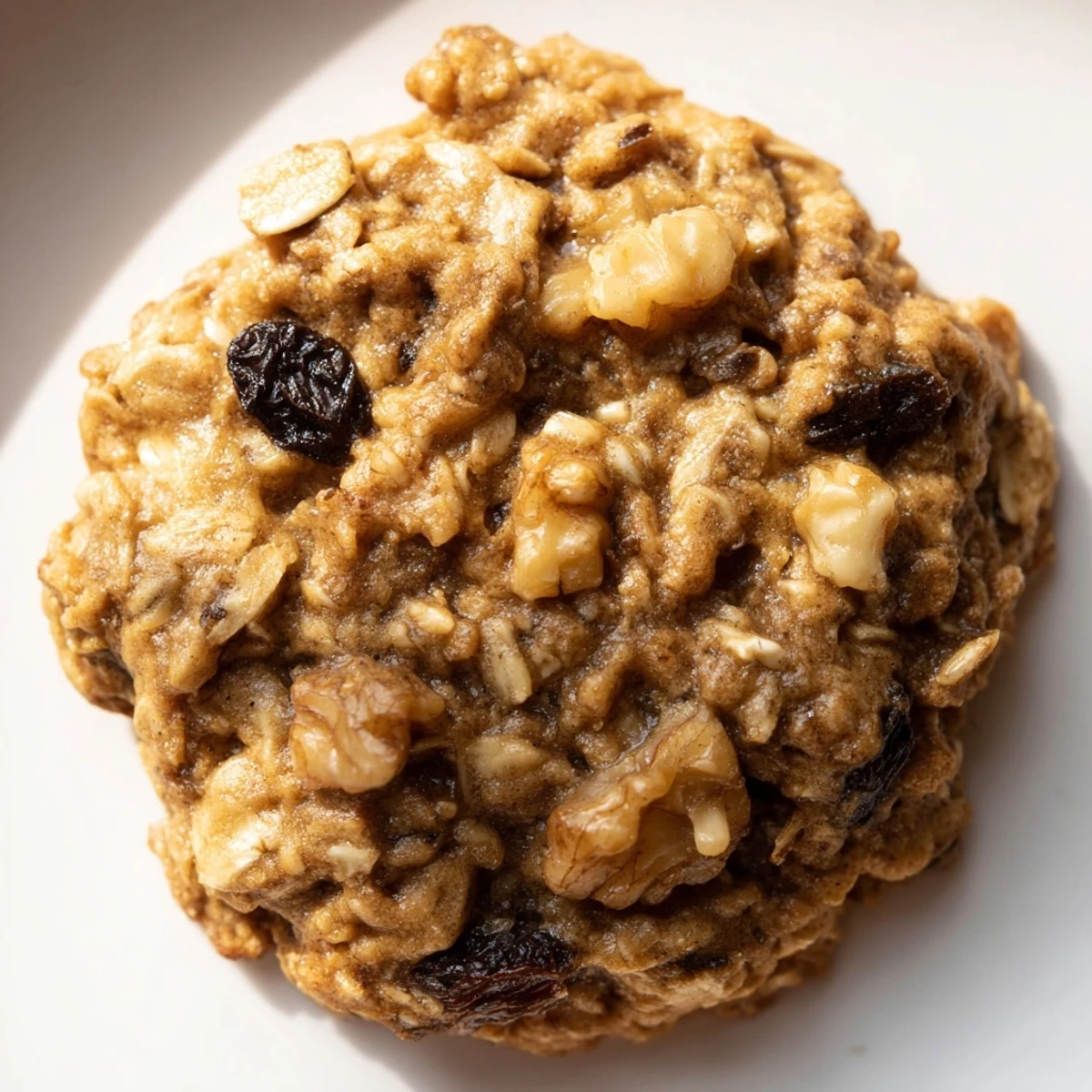 Golden gluten-free maple walnut oatmeal raisin cookies stacked on a white wire cooling rack