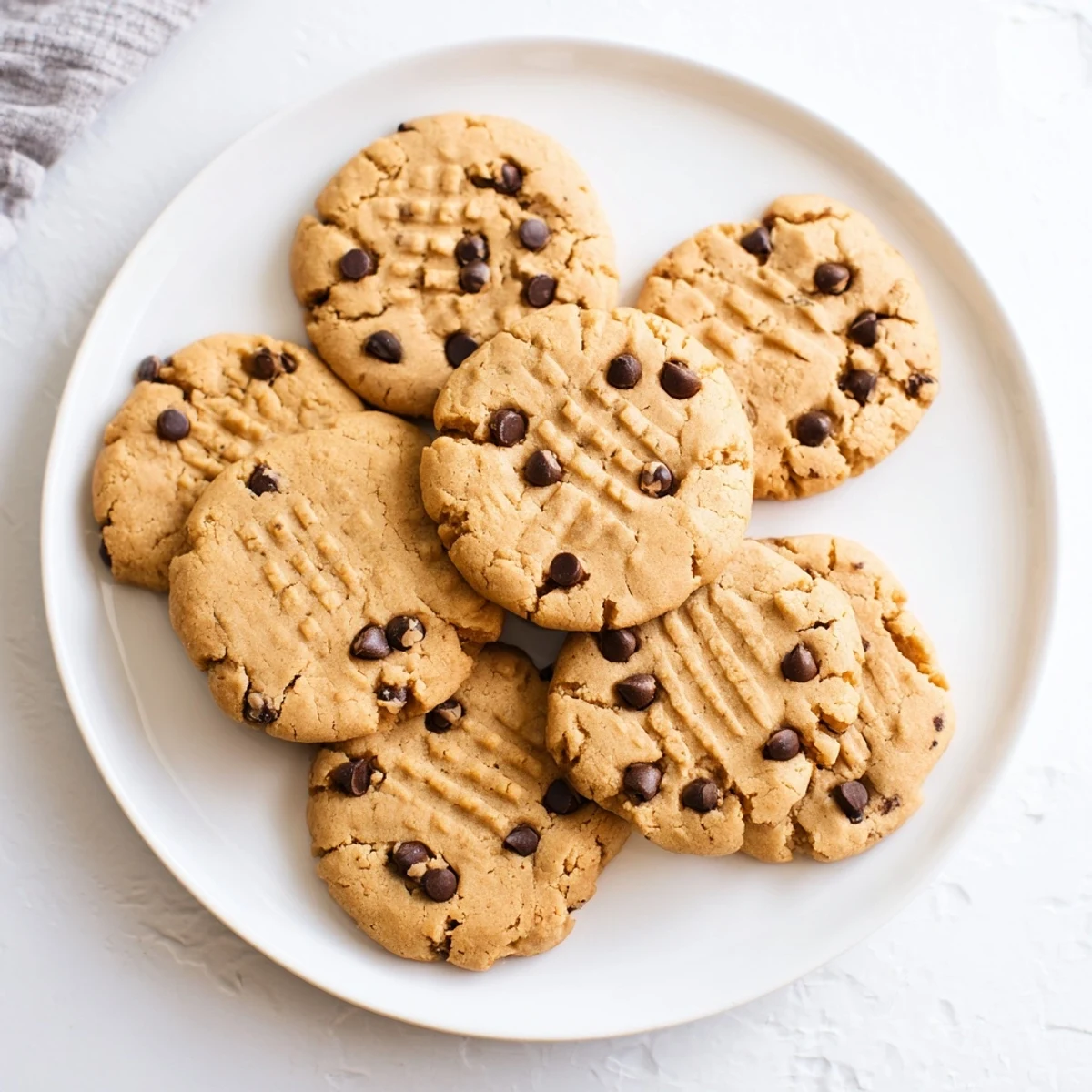 Chewy gluten-free peanut butter chocolate chip cookies stacked on a white plate, featuring classic fork crisscross patterns and rich chocolate chips
