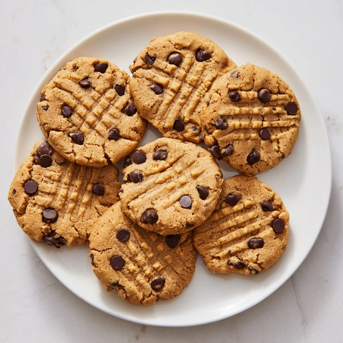 Freshly baked gluten-free peanut butter chocolate chip cookies with golden edges and melting chocolate chunks on a cooling rack
