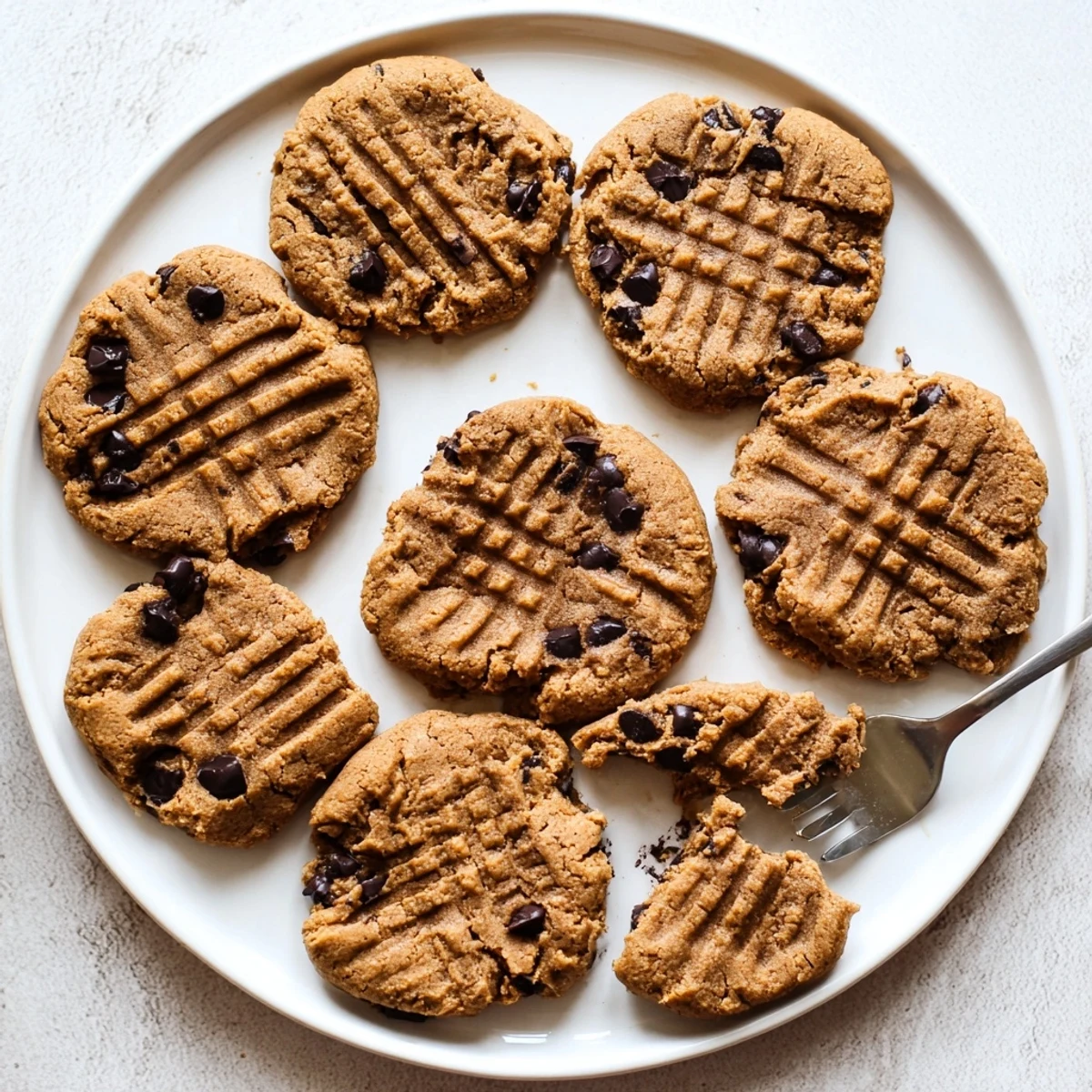 Warm gluten-free peanut butter chocolate chip cookies fresh from the oven, showing soft centers and scattered semisweet chocolate morsels