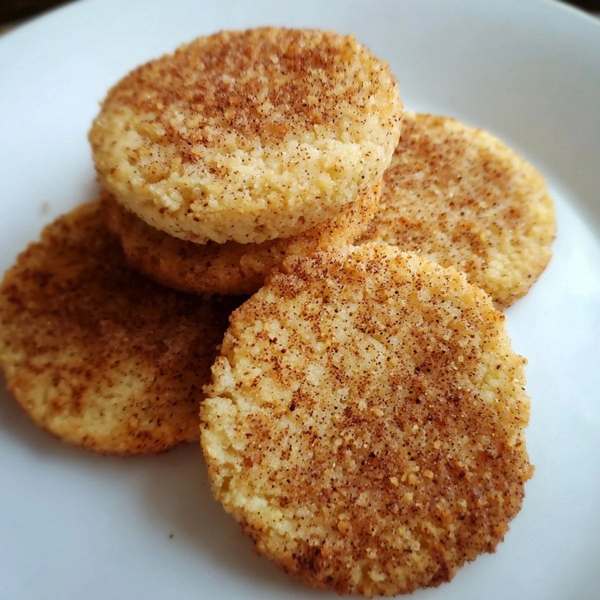 Plate of tender melt-in-your-mouth keto cinnamon butter cookies served alongside a steaming cup of coffee for a cozy afternoon treat