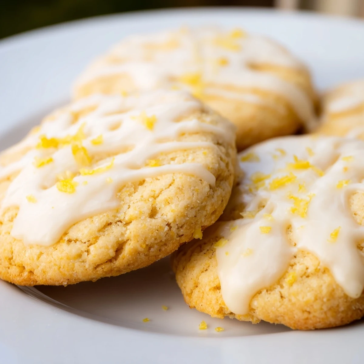 Soft keto lemon cream sugar cookies topped with creamy white sugar-free glaze and fresh lemon zest