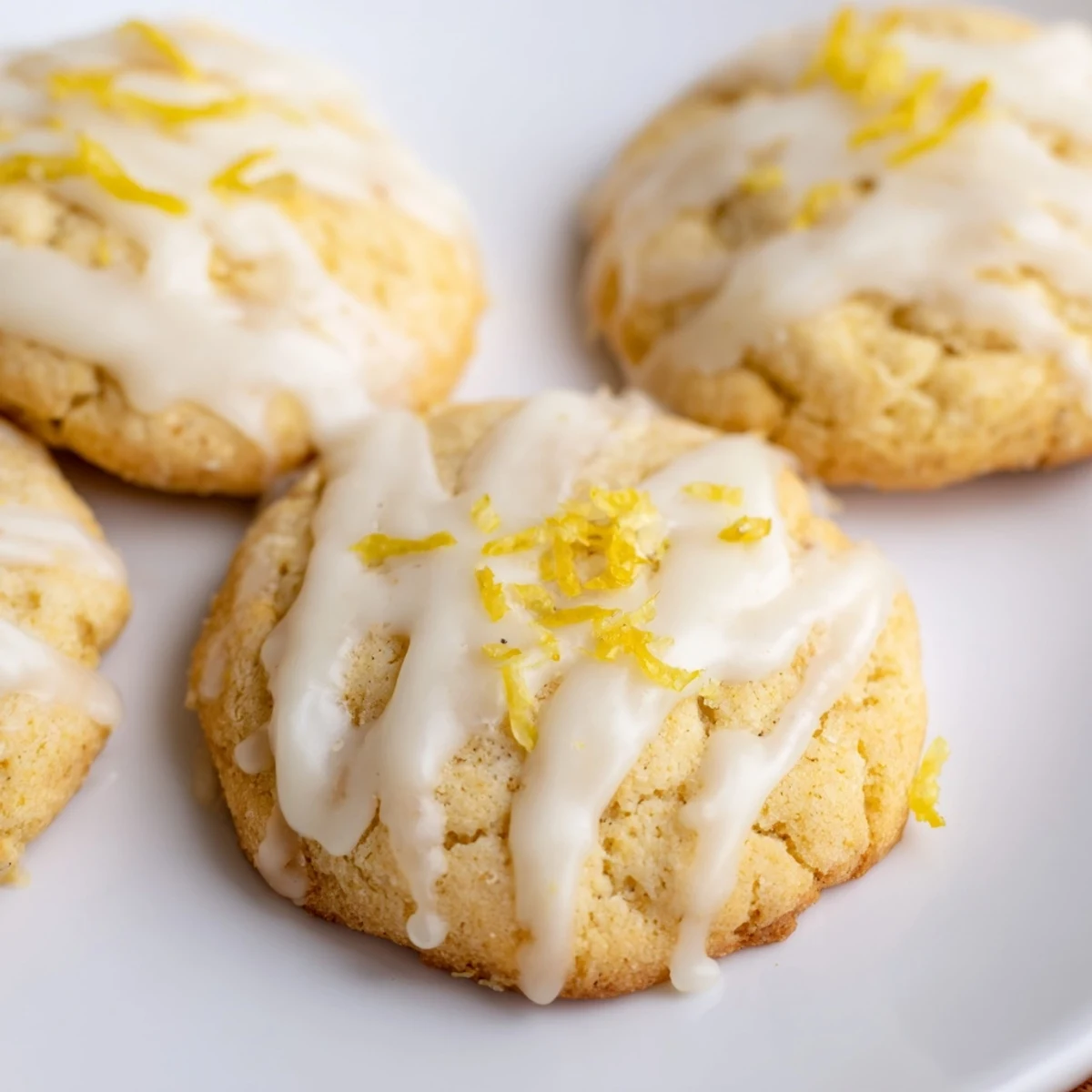 Close-up of buttery keto lemon cream sugar cookies with glossy glaze and bright citrus garnish
