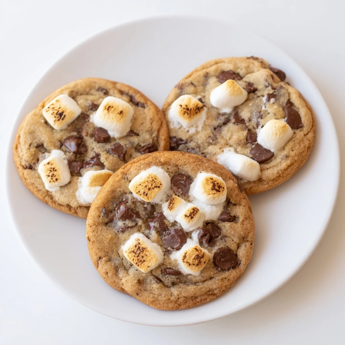 Golden toasted marshmallow chocolate chip cookies fresh from the oven with melted chocolate pools