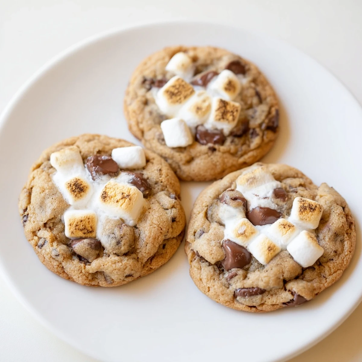 Soft baked chocolate chip cookies topped with lightly browned marshmallows on a white plate