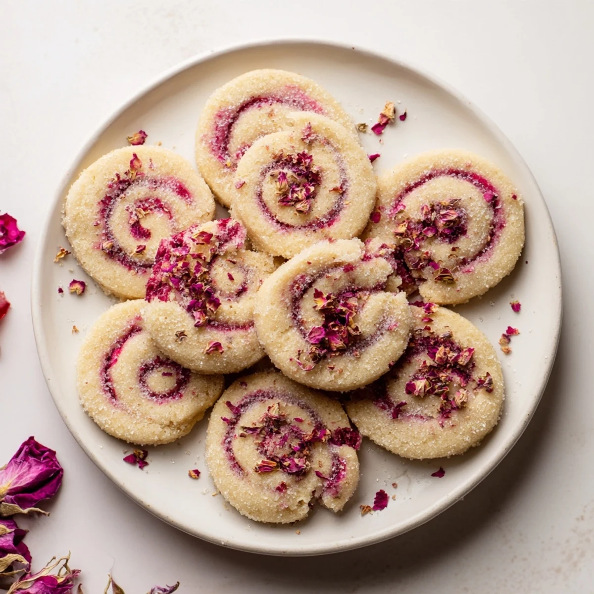 Golden vegan raspberry rose sugar cookies sprinkled with edible rose petals on a white plate