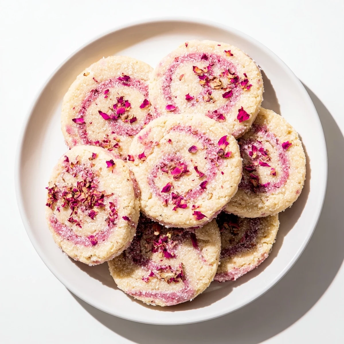 Crispy edged raspberry rose cookies rolled in sparkling sugar garnished with dried rose petals