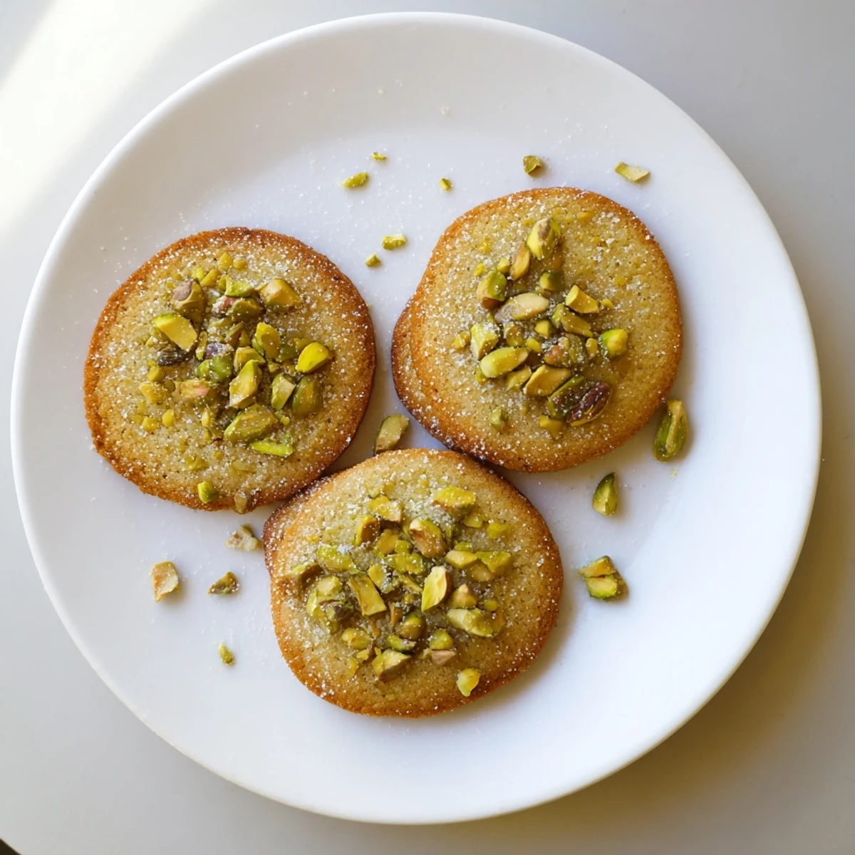 Golden gluten-free honey pistachio sugar cookies sprinkled with sugar on a parchment-lined baking sheet