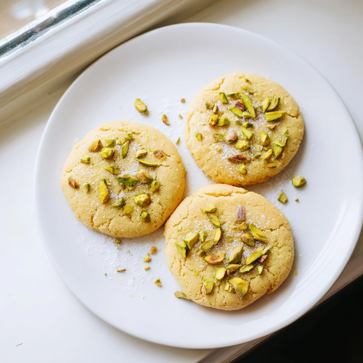 Plate of melt-in-your-mouth gluten-free honey pistachio sugar cookies ready for serving with afternoon tea