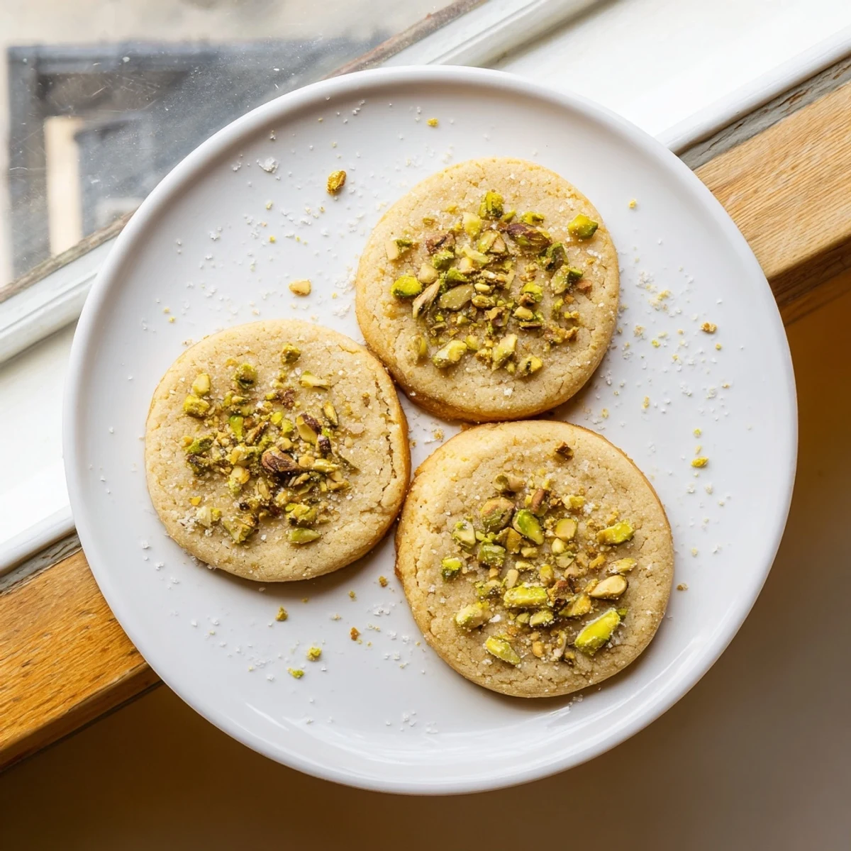 Tender honey-glazed sugar cookies studded with bright green chopped pistachios cooling on a wire rack