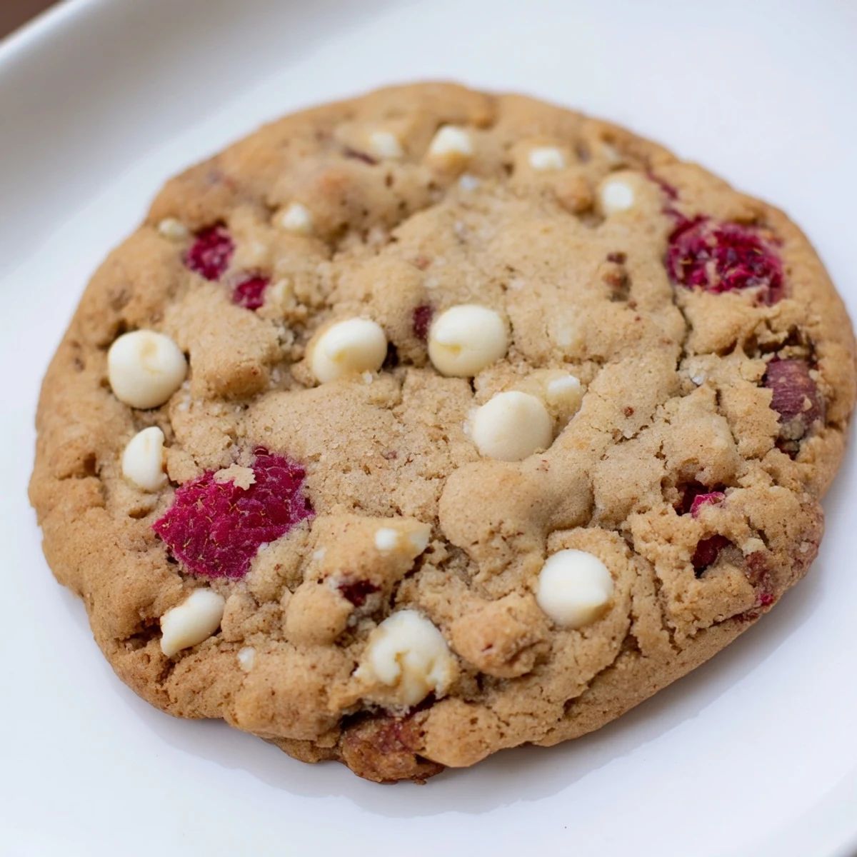 Golden gluten-free raspberry white chocolate chip cookies on a cooling rack with melty chips