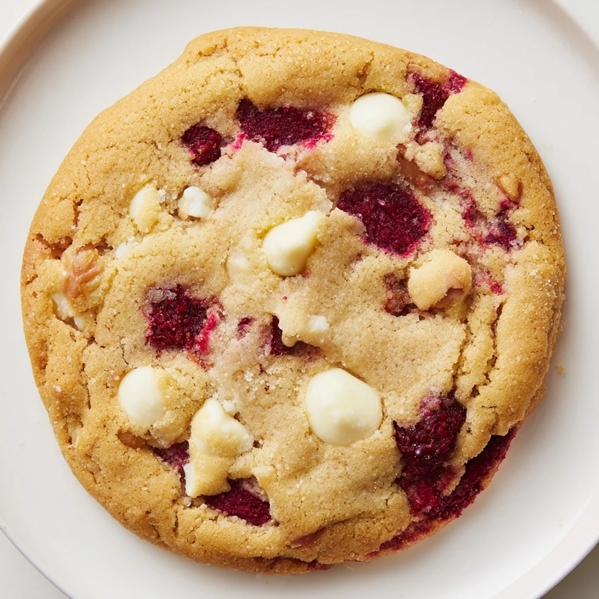Stack of soft gluten-free raspberry white chocolate chip cookies on a white plate