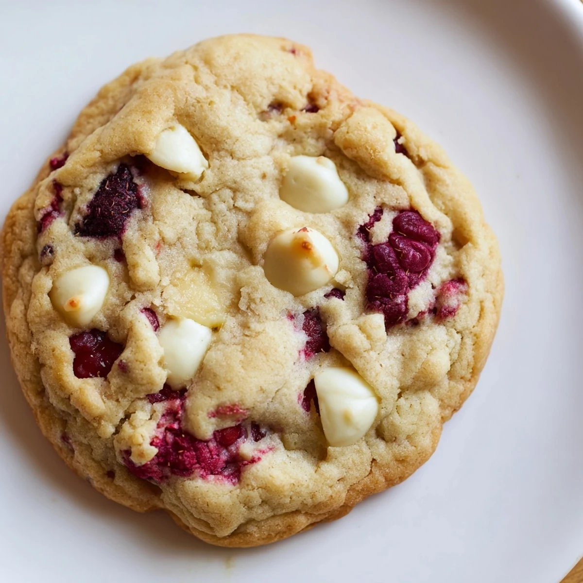 Close-up of chewy gluten-free raspberry white chocolate chip cookies with tart red berry pieces