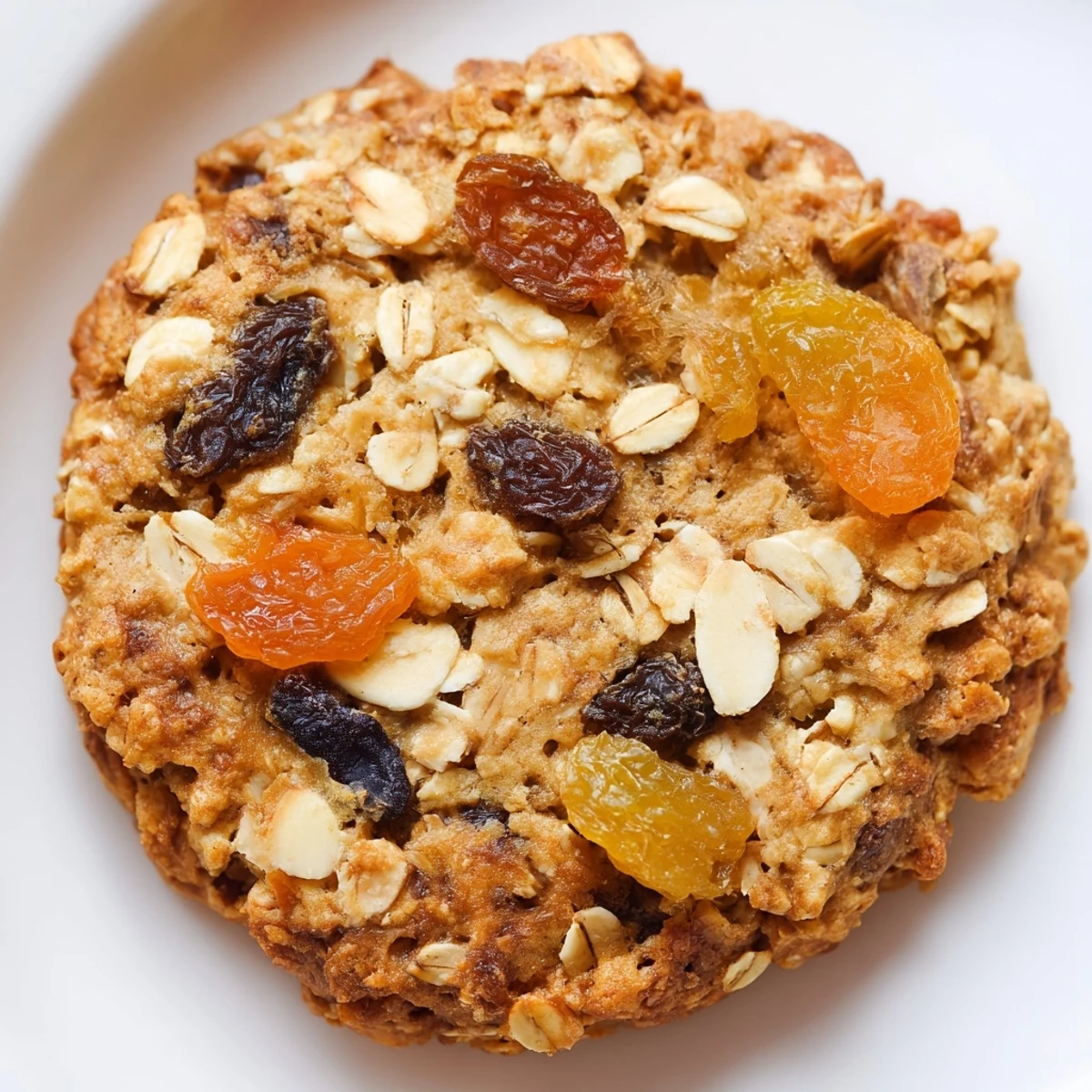 Golden apricot almond oatmeal raisin cookies stacked on a wire cooling rack with visible fruit and nut pieces
