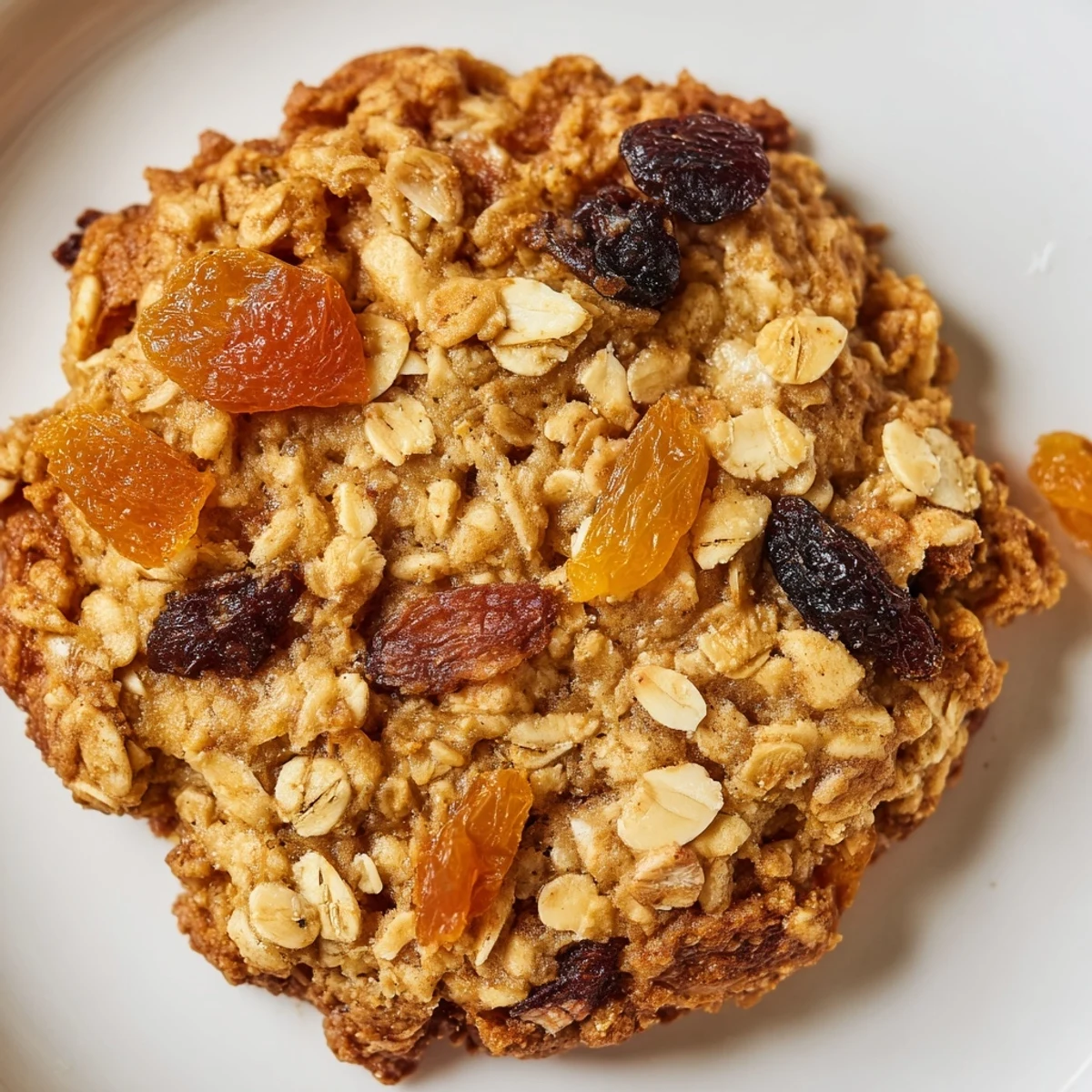 Chewy homemade apricot almond oatmeal raisin cookies featuring toasted almonds, dried apricots, and plump raisins on a wooden board