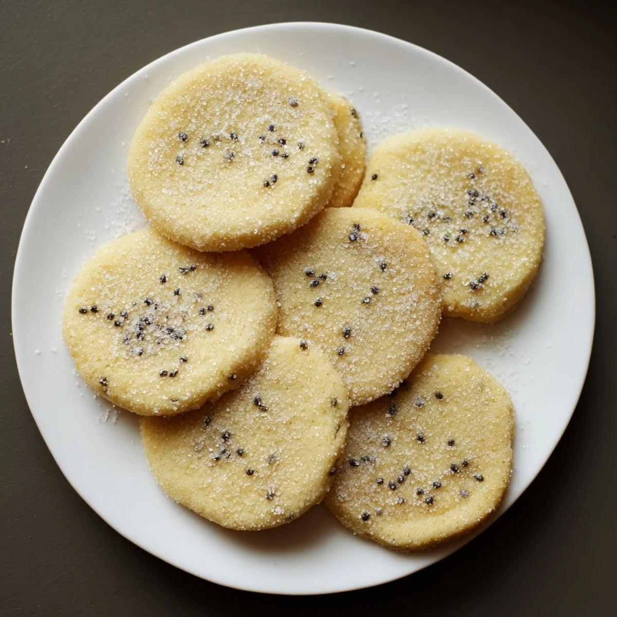 Plant-based sugar cookies topped with sparkling sugar and fresh passionfruit seeds on white plate