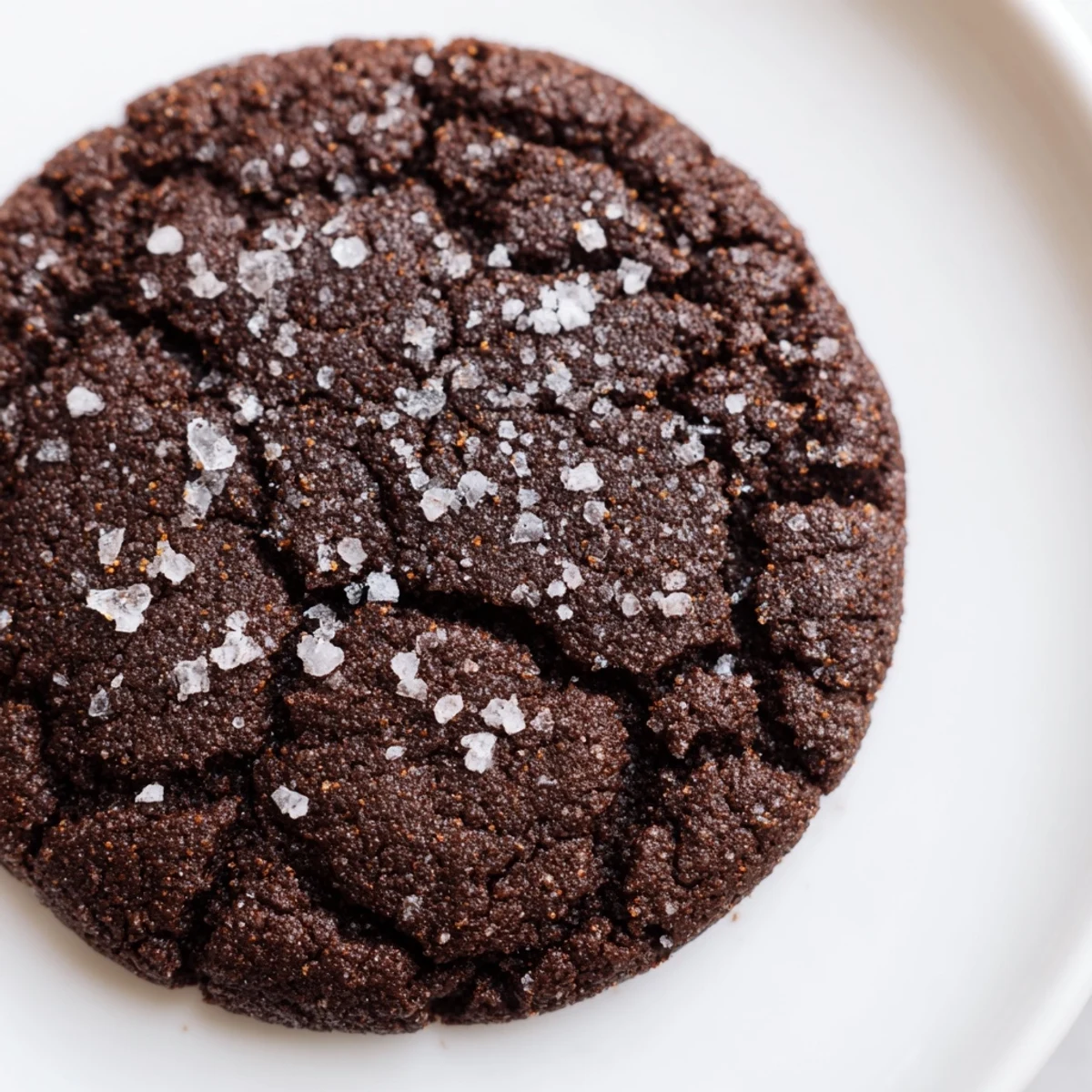 Chewy vegan chocolate tahini sugar cookies topped with flaky sea salt on a wooden board