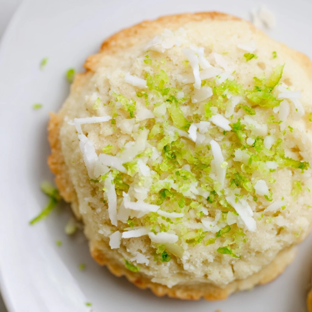 Rounded shortbread cookies dotted with shredded coconut and fresh lime zest on a wooden board