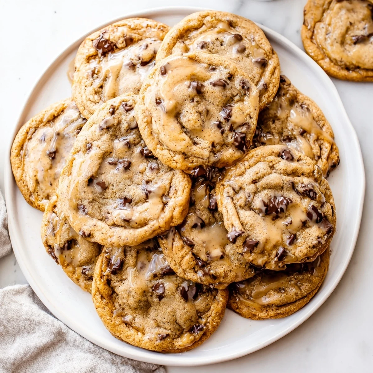 Soft maple glazed chocolate chip cookies with glossy drizzle on a wire cooling rack