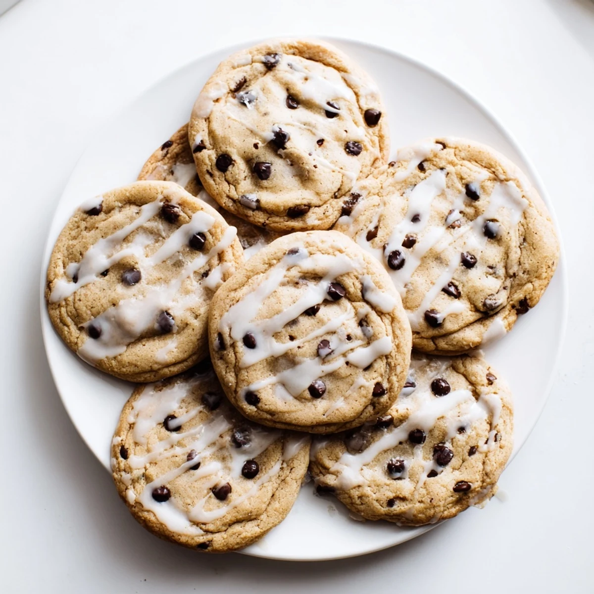 Golden brown maple glazed chocolate chip cookies stacked on a white serving plate