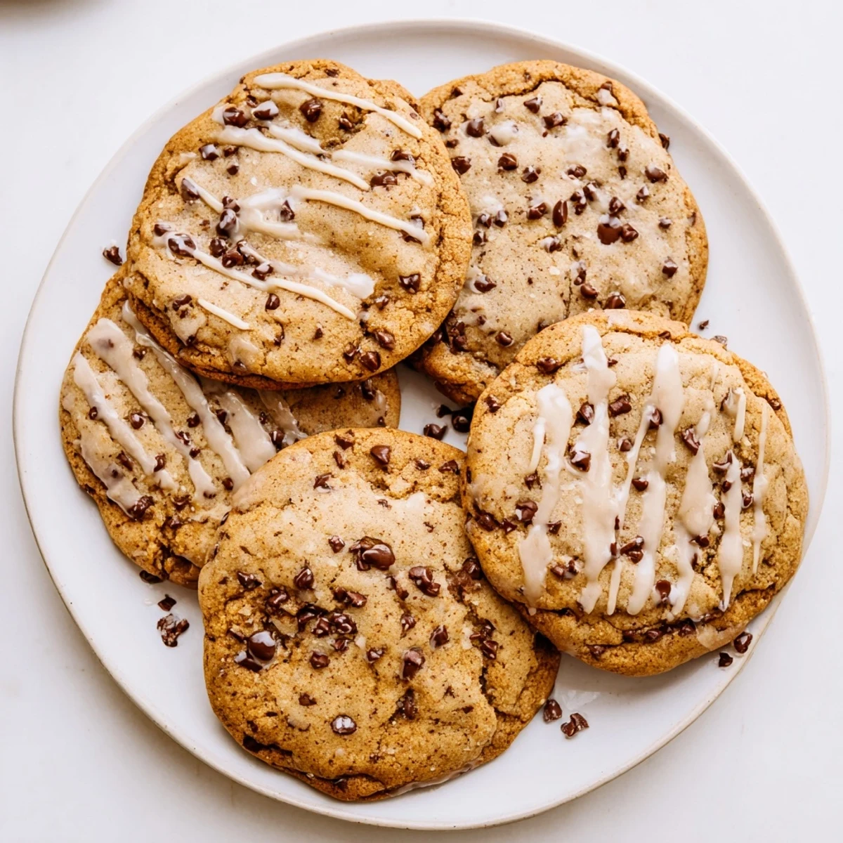 Close-up of maple glazed chocolate chip cookies showing chocolate chunks and sweet maple drizzle