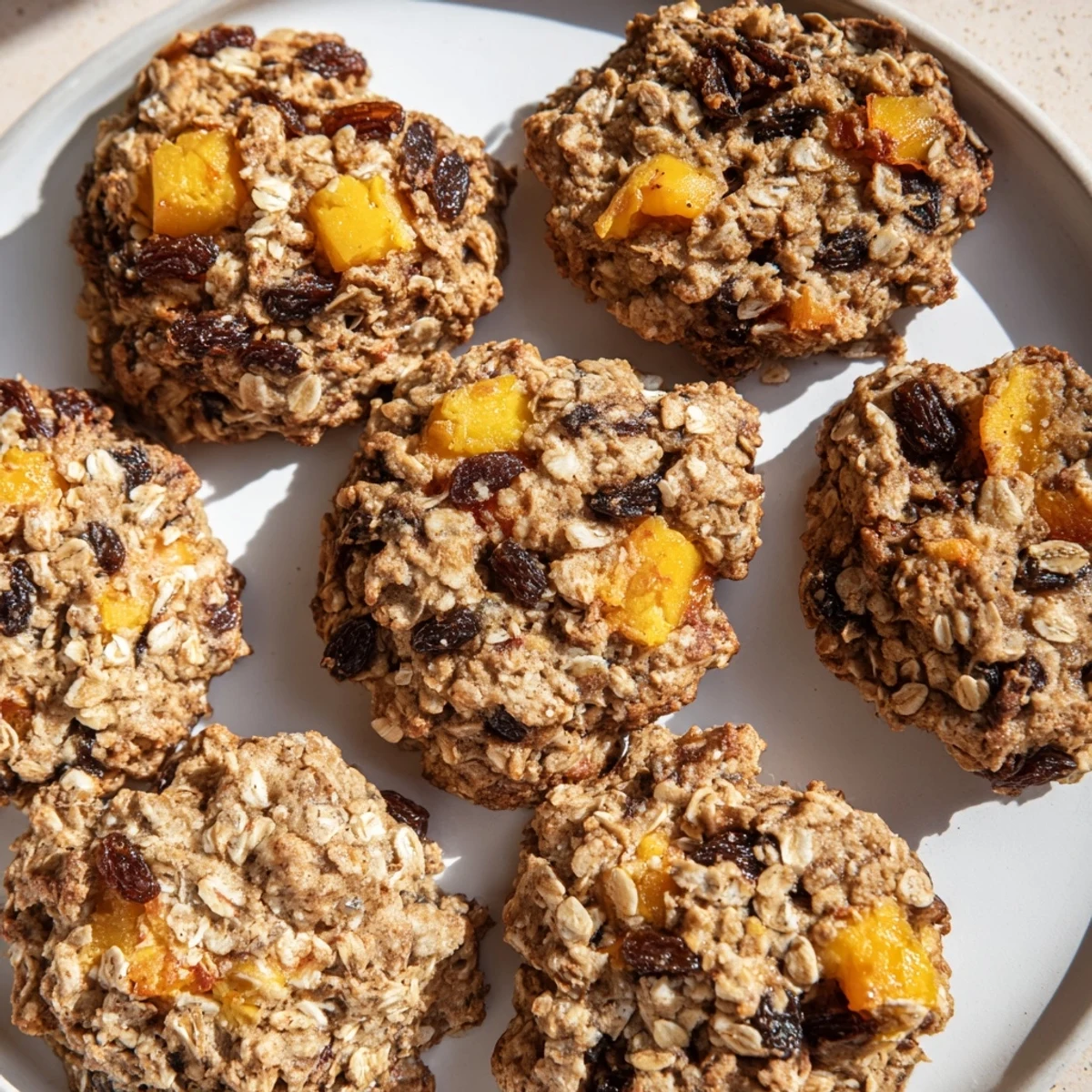 Golden vegan peach cobbler oatmeal raisin cookies studded with fresh peaches and plump raisins on a baking sheet