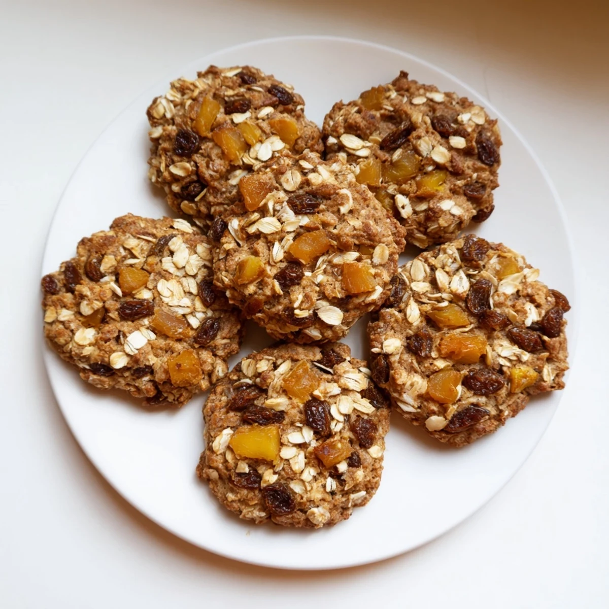 Soft chewy vegan peach cobbler oatmeal raisin cookies with diced peaches and raisins ready for cooling on wire rack