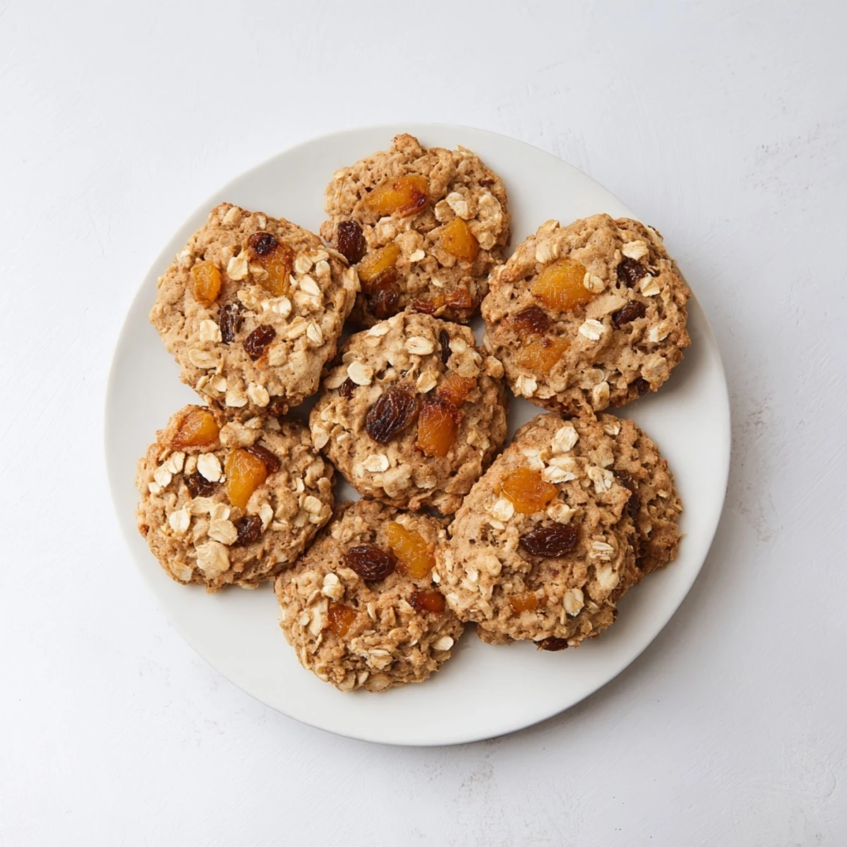 Warm spiced vegan peach cobbler oatmeal raisin cookies showing golden edges with cinnamon and juicy peach pieces visible